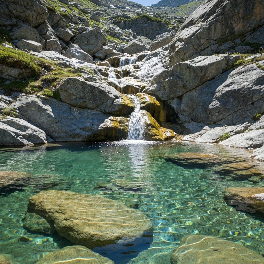 Alpine Mineralquellen und natürliche Gesteinsformationen